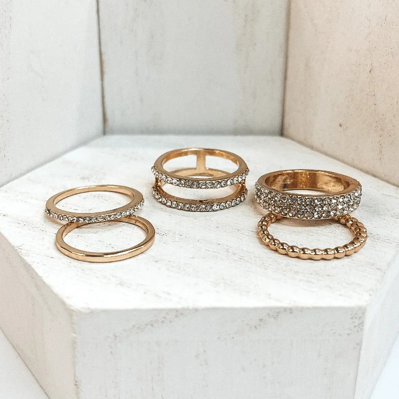 women's statement ring-Set of 5 | Multi Textured Ring Set in Gold Tone with Clear CZ Crystals