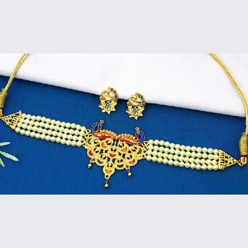 women's religious necklace-Mahavir Dye Gold Plated Pearl And Meenakari Choker Necklace Set