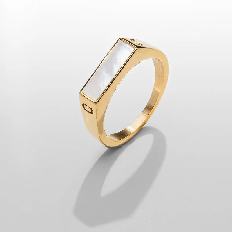 women's personalized ring-White Rectangle Stone Signet Ring (Gold)