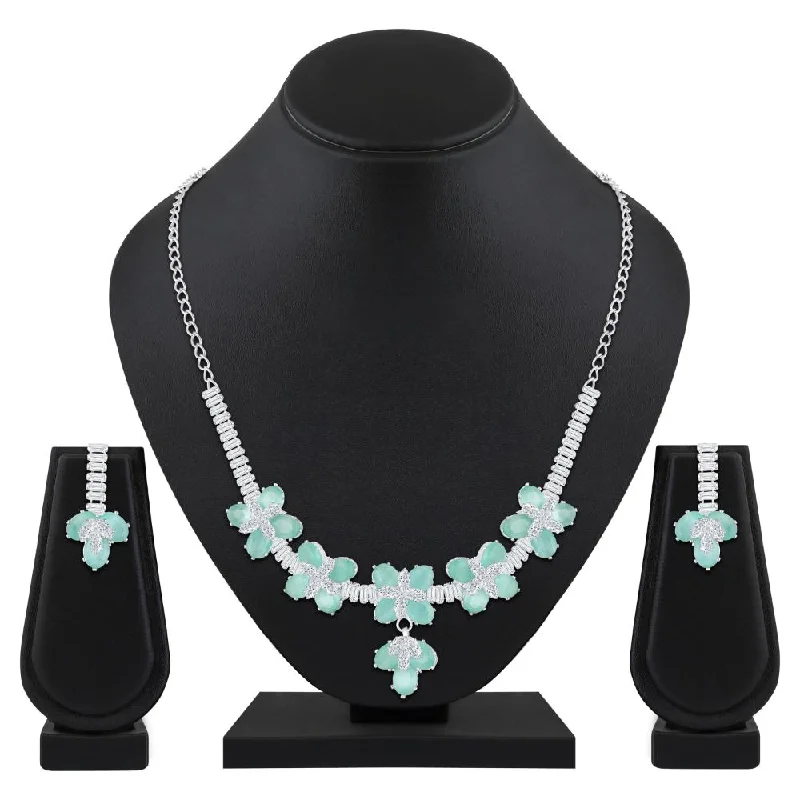 women's budget-friendly necklace-Mahi Rhodium Plated Light Green and White Cubic Zirconia (CZ) Floral Women's Necklace Set (NL1103838R)