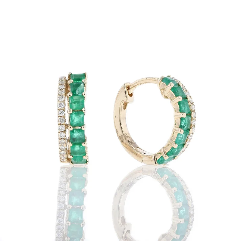 women's heart ring-Emerald & Diamond Double Row Huggie Hoops