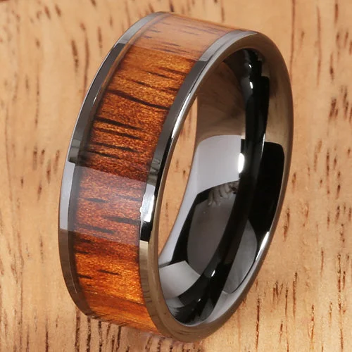 women's aquamarine engagement ring-8mm Natural Hawaiian Koa Wood Inlaid High Tech Black Ceramic Flat Wedding Ring