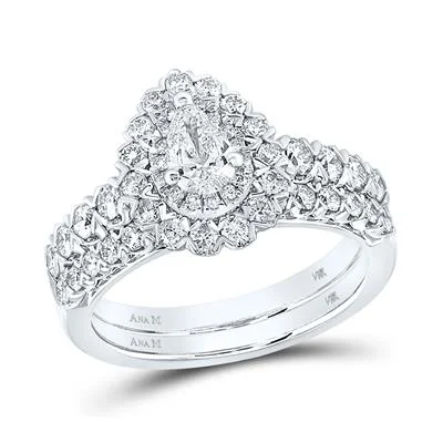 women's floral engagement ring-14K WHITE GOLD PEAR DIAMOND SOLITAIRE BRIDAL WEDDING RING SET 1-1/2 CTTW (CERTIFIED)