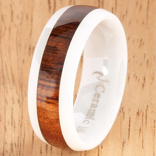 women's oval engagement ring-8mm Natural Hawaiian Koa Wood Inlaid High Tech White Ceramic Oval Wedding Ring