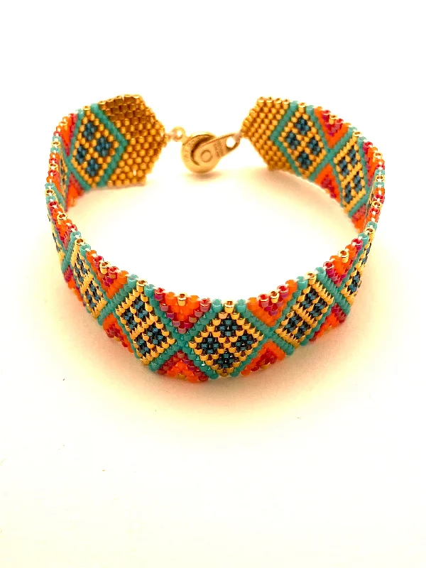 women's formal necklace-Beaded Chevron Bracelet, Turquoise and Orange