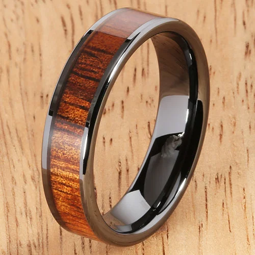 women's moissanite engagement ring-6mm Natural Hawaiian Koa Wood Inlaid High Tech Black Ceramic Flat Wedding Ring