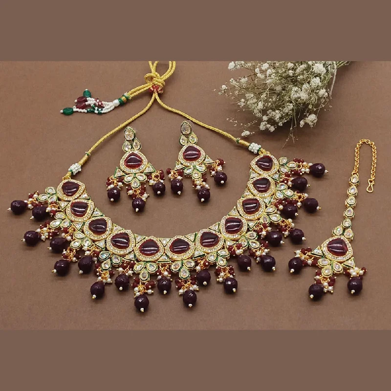 women's skull necklace-Sai Fashion Gold Plated Kundan Necklace Set