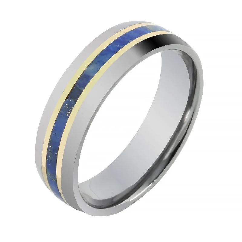 women's bohemian engagement ring-Tantalum with 14K Yellow Gold and Lapis Lazuli Inlaid Wedding Ring Barrel 6mm