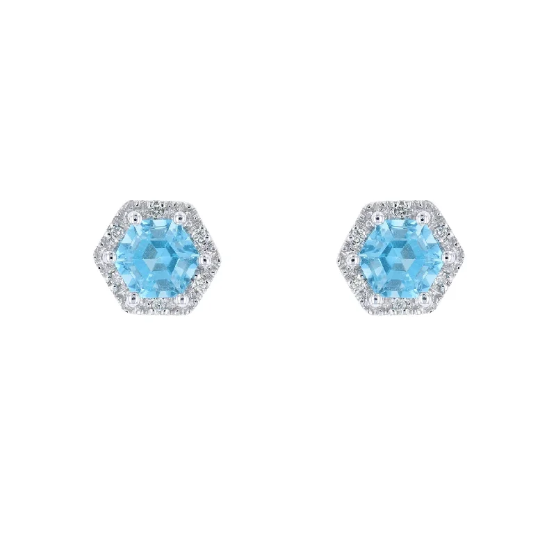 women's star ring-Blue Topaz & Diamond Hexagon Halo Studs