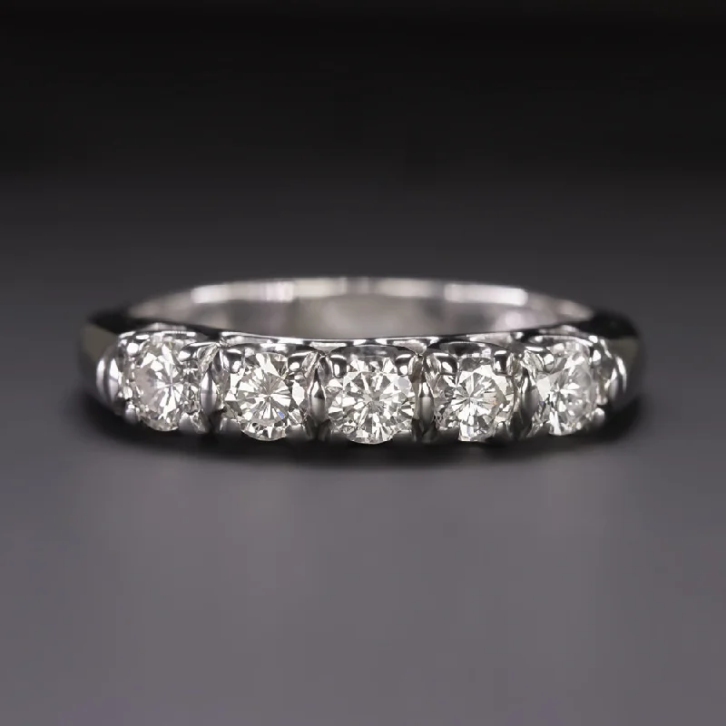 women's prong-setting engagement ring-VINTAGE DIAMOND WEDDING RING STACKING BAND 0.50ct 5 STONE 14k WHITE GOLD ROUND