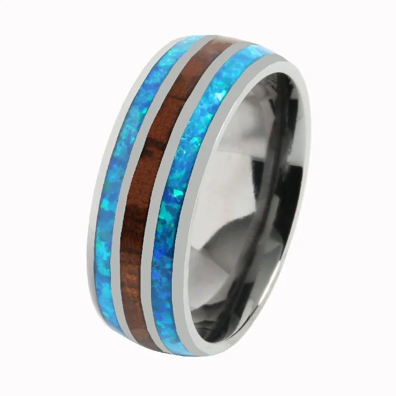 women's luxury engagement ring-Tantalum with Blue Opal and Koa Wood Inlaid Wedding Ring Barrel 8mm