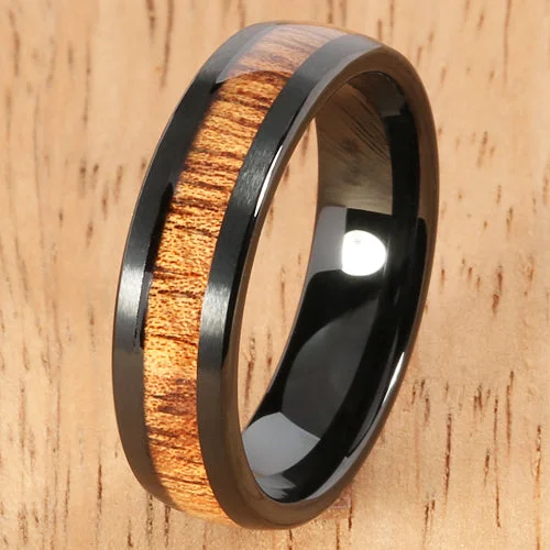 women's conflict-free engagement ring-Black Tungsten Natural Hawaiian Koa Wood Inlaid Wedding Ring Barrel Shape 6mm Hawaiian Ring