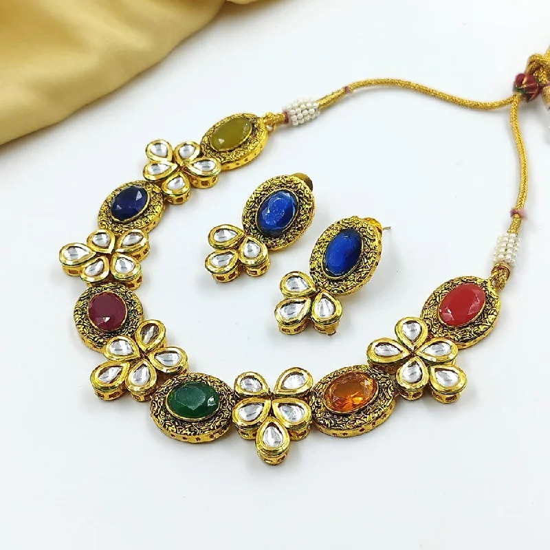 women's personalized necklace-Akruti Collection Gold Plated Kundan Stone Necklace Set