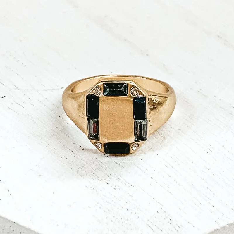 women's birthstone ring-Gold Tone Rectangle Shaped Ring with Mix of Black Outline Crystals