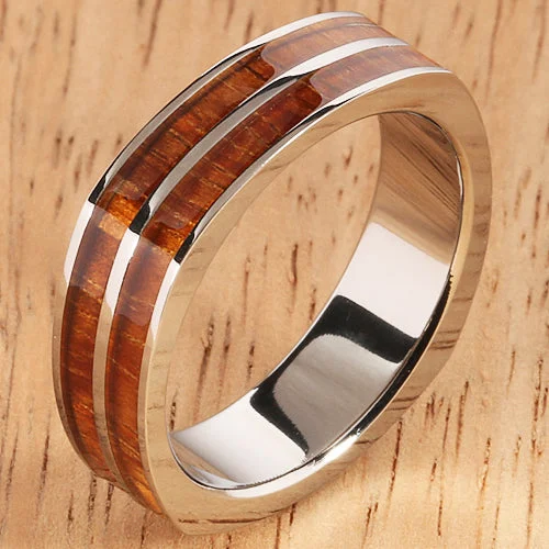 women's museum-quality engagement ring-Koa Wood Titanium Wedding Ring Double Row Square 6mm