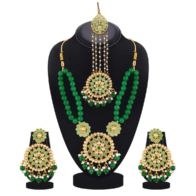 women's dragon necklace-Mahi Dual Layer Green Floral Necklace Jewellery Set with Artificial Beads for Women (NL1103840GGre)