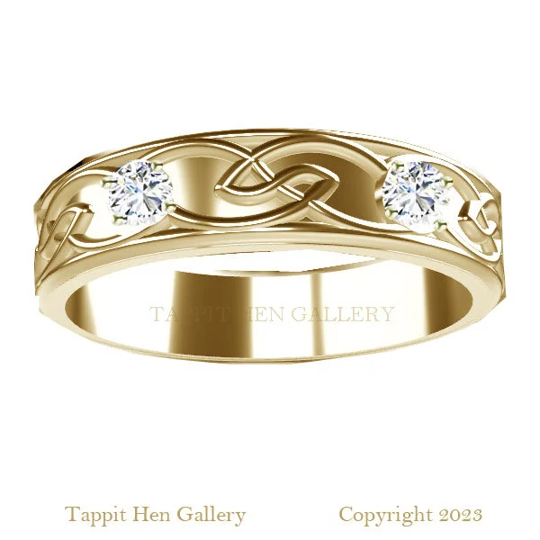 women's sustainable engagement ring-EDINBURGH CELTIC WEDDING RING WITH 2 DIAMONDS IN 9CT YELLOW GOLD