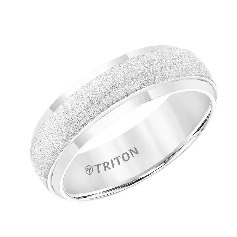 women's three-stone engagement ring-GION White Tungsten Low-Domed Vertical Brushed Raised Center Wedding Ring With Polished Edges By Triton Rings - 7mm