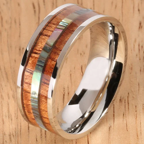 women's halo-style engagement ring-8mm Natural Hawaiian Koa Wood and Abalone Inlaid Stainless Steel Flat Wedding Ring