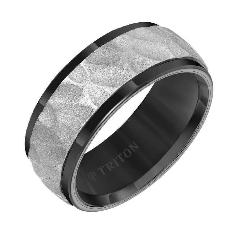 women's split shank engagement ring-INALI Black Tungsten Two-Tone Sandblasted Hammered Center Wedding Ring with Polished Beveled Edges by Triton Rings - 9mm