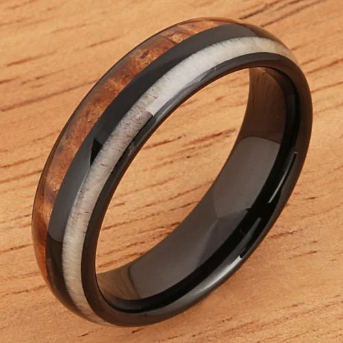 women's infinity engagement ring-Koa Wood Ring  Antler Style Black Tungsten Wedding Ring 6mm Barrel Shape