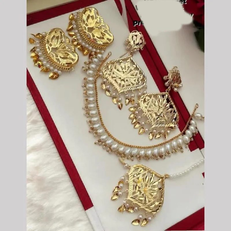 women's romantic necklace-FS Collection Gold Plated Pearl  Necklace Set