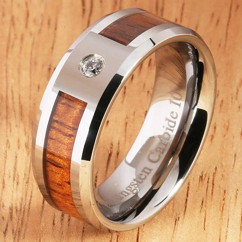 women's unique engagement ring-8mm Natural Hawaiian Koa Wood Inlaid Tungsten with CZ Beveled Edge Wedding Ring