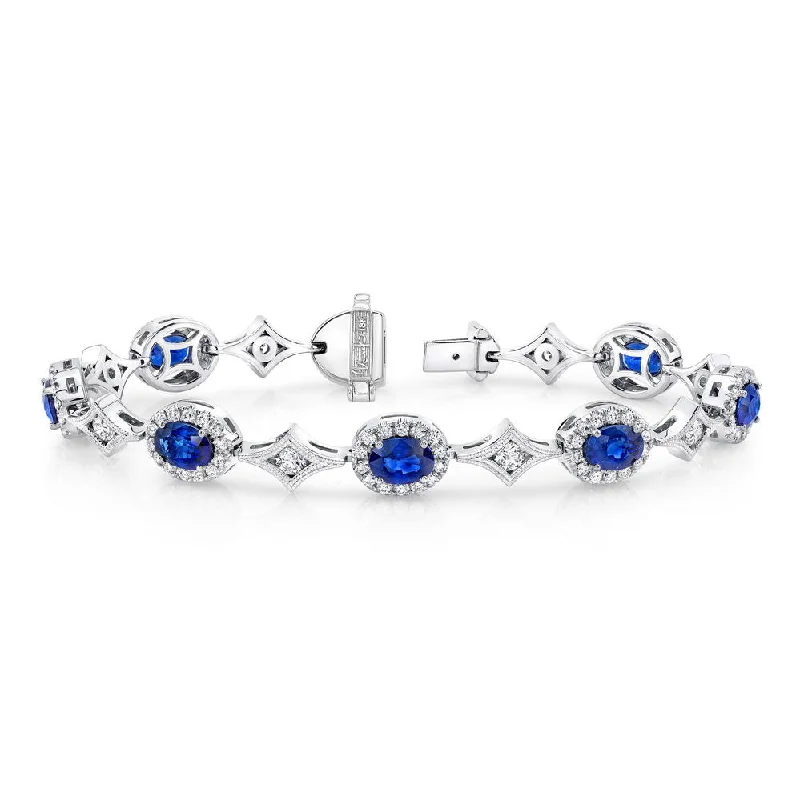 women's spiritual necklace-Uneek Oval Sapphire Bracelet with Channel-Set Diamonds in Elegant Rhomboid Links