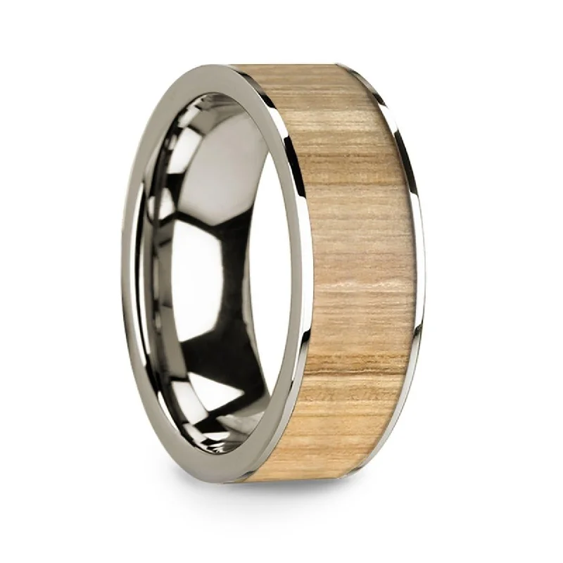 women's fair trade engagement ring-Polished 14k White Gold Men’s Wedding Ring with Ash Wood Inlay - 8mm