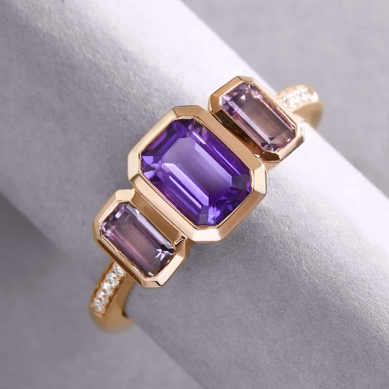 women's bezel setting ring-Triple Amethyst Ring In Rose Gold