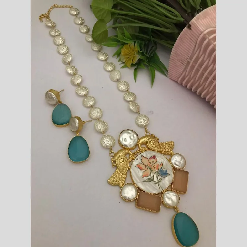 women's crystal necklace-FS Collection Gold Plated Mother Of Pearl Necklace Set