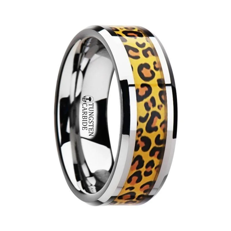 women's moon engagement ring-SAVANNAH Tungsten Wedding Ring with Cheetah Print Animal Design Inlay - 6mm & 8mm