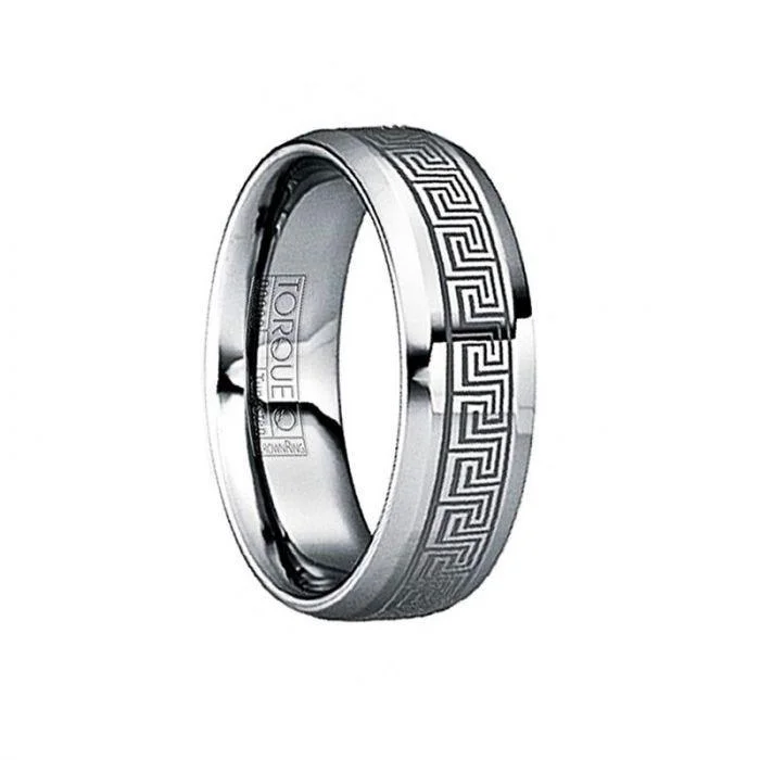 women's dainty engagement ring-MAXIMILIANUS Engraved Greek Key Tungsten Wedding Ring with Beveled Edges - 8mm