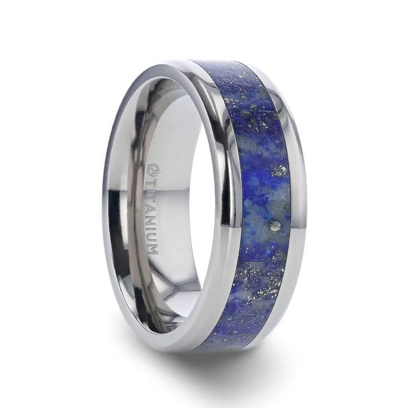 women's extravagant engagement ring-MALONE Men's Titanium Wedding Ring with Blue Lapis Inlay & Beveled Edges - 8mm