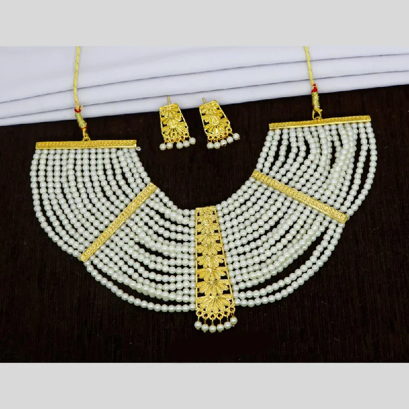 women's thin chain necklace-Mahavir Dye Gold Pearl Necklace Set