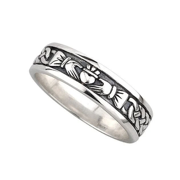 women's tension-setting engagement ring-Women's Sterling Silver Oxidized Claddagh Wedding Ring S2829