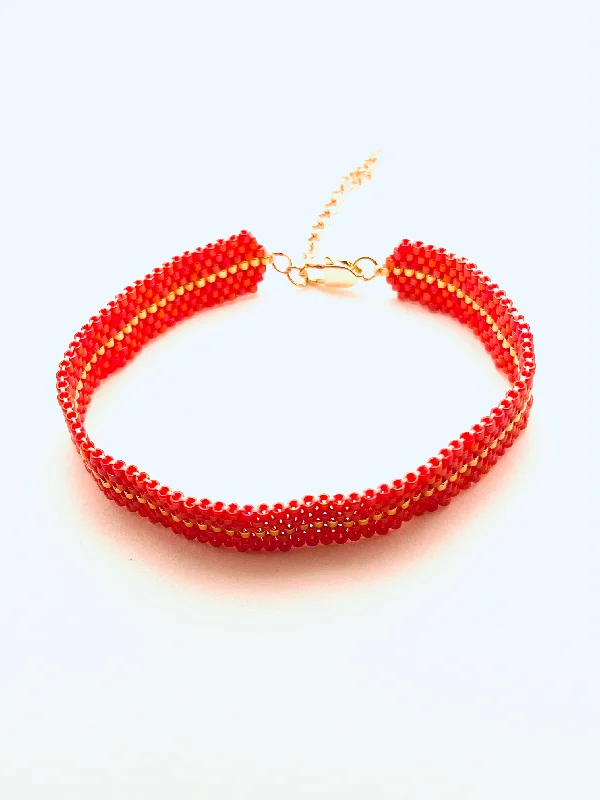 women's necklace-Beaded Stripe Bracelet, Red and Gold