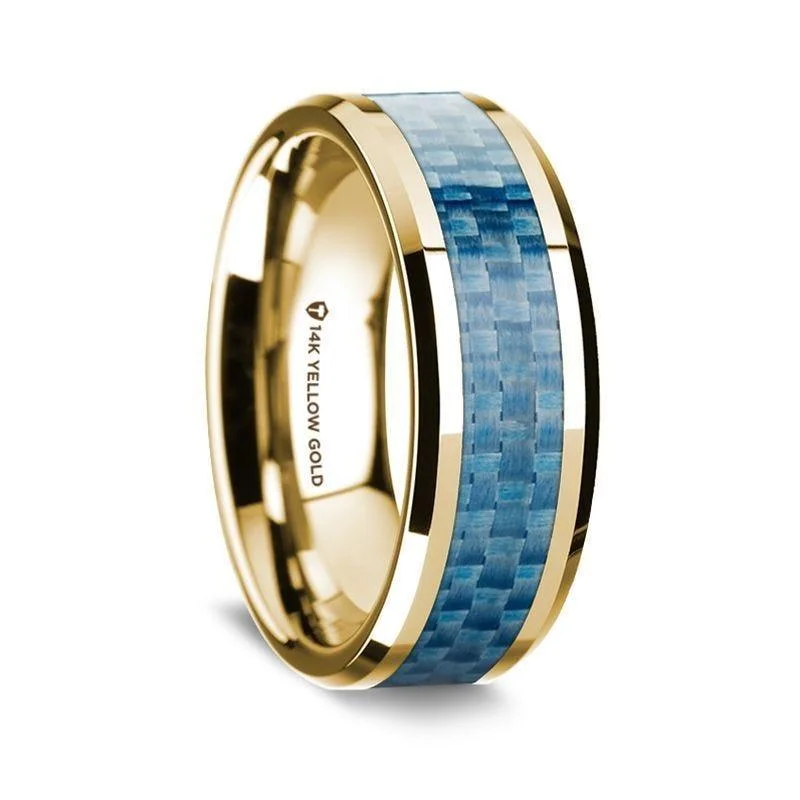 women's celebrity-style engagement ring-14K Yellow Gold Polished Beveled Edges Wedding Ring with Blue Carbon Fiber Inlay - 8mm