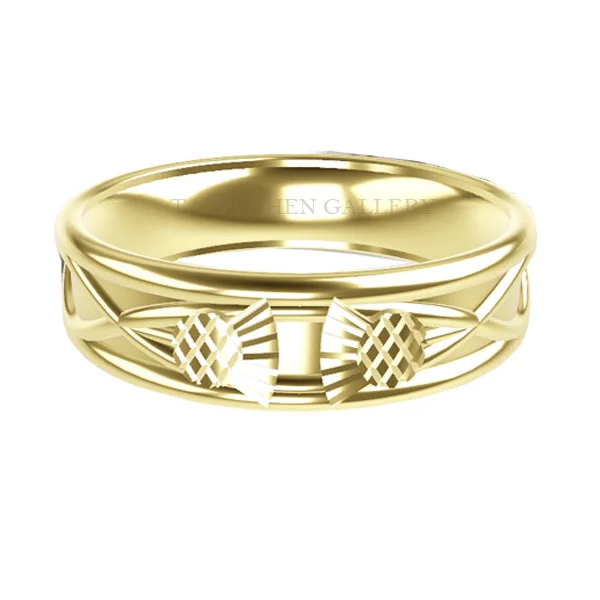 women's celebrity-style engagement ring-WIDE SCOTTISH THISTLE CELTIC WEDDING RING IN COMFY FIT IN 9CT YELLOW GOLD