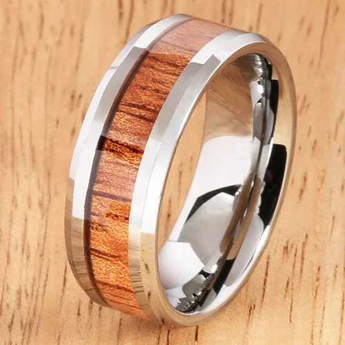 women's elegant engagement ring-8mm Natural Hawaiian Koa Wood Inlaid Tungsten Beveled Edge Wedding Ring