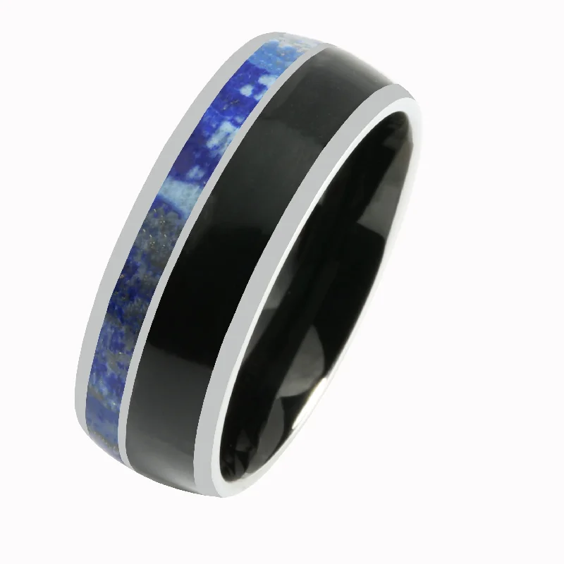 women's dragon engagement ring-Tungsten Lapis Lazuli and Onyx Inlaid Wedding Ring Barrel 8mm