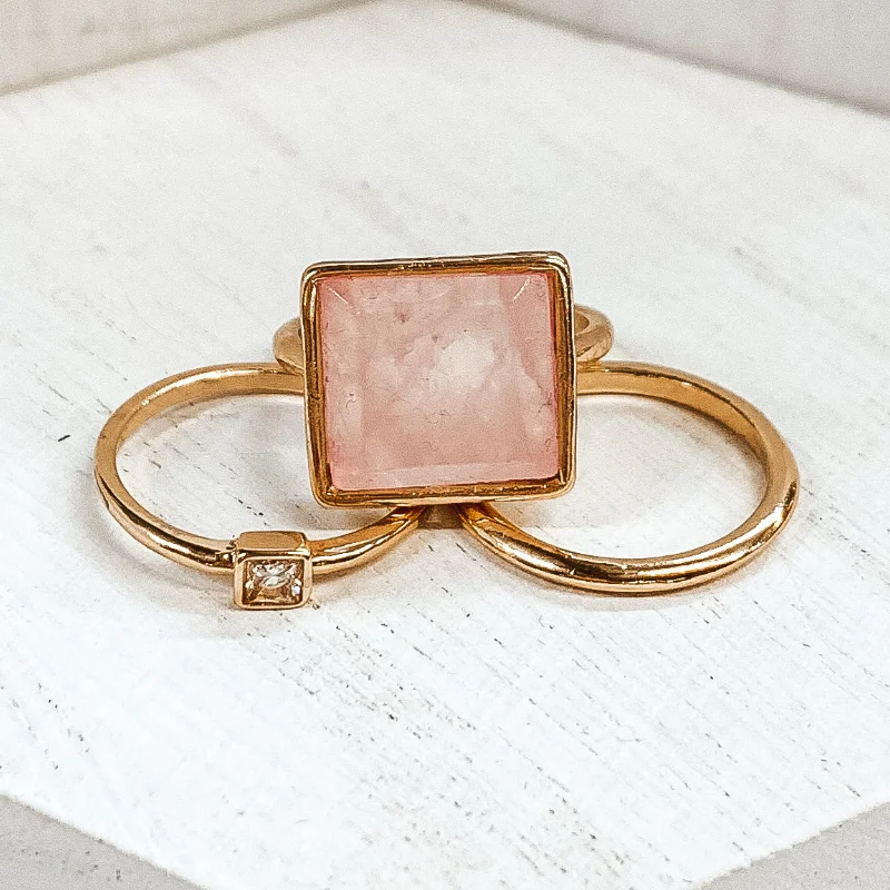 women's art deco ring-Set of 3 | Square Pendant Gold Tone Ring Set in Light Pink