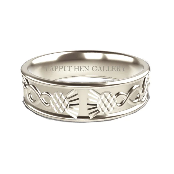 women's halo-style engagement ring-WHITE GOLD CELTIC THISTLE INFINITY WEDDING RING