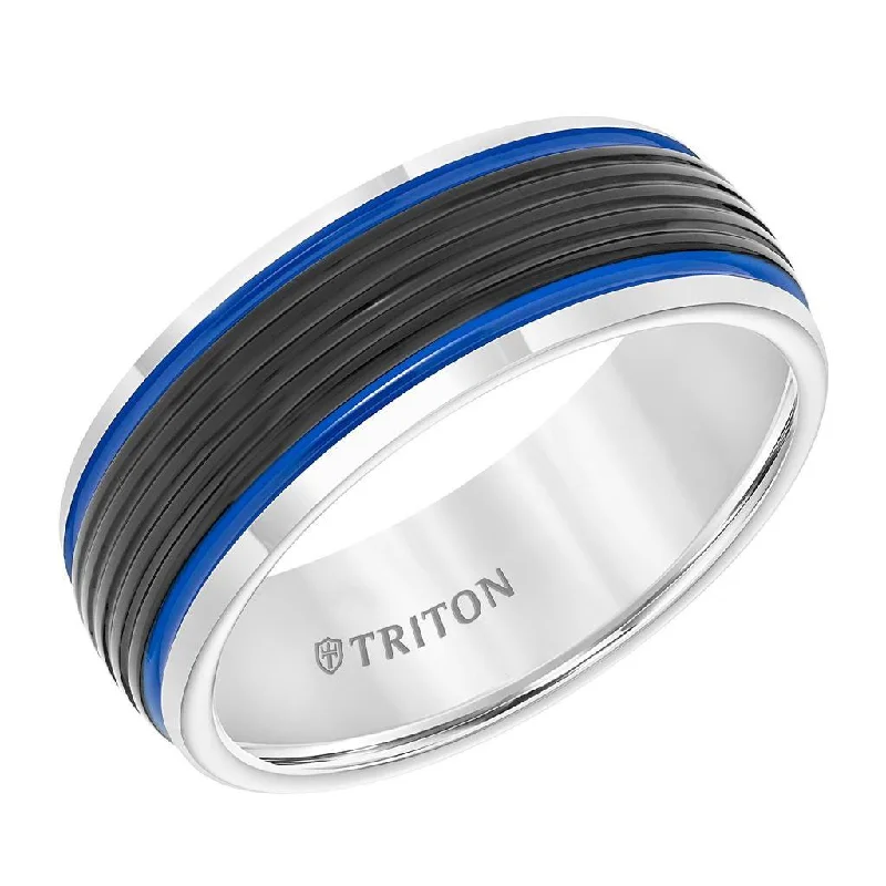 women's elegant engagement ring-NEEL Black & White Tungsten Ribbed Pattern Wedding Ring with Blue Stripes Dual Grooves by Triton Rings - 8mm