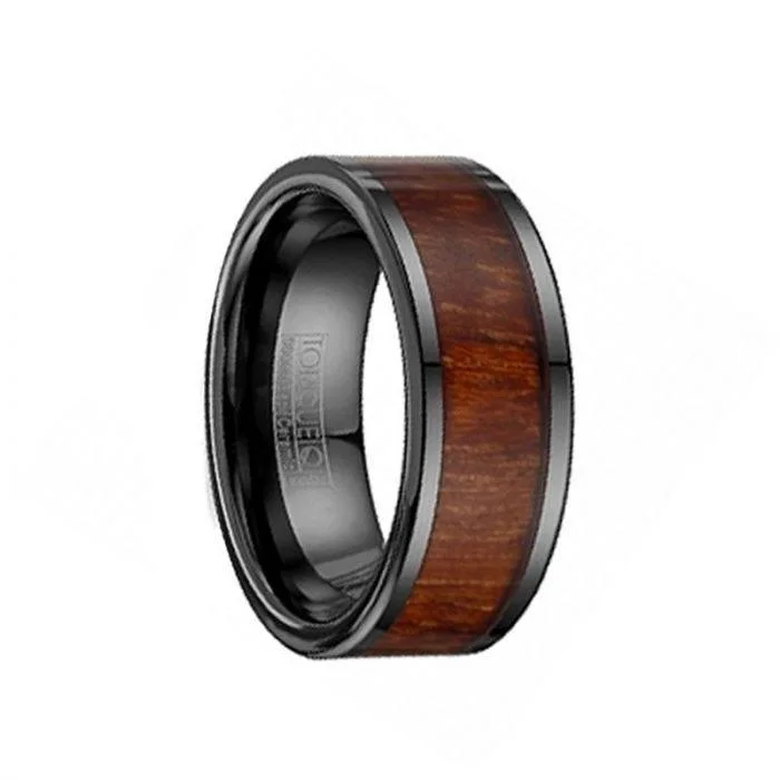 women's bohemian engagement ring-Black Ceramic Flat Wedding Ring with Wood Inlay by Crown Ring - 9mm