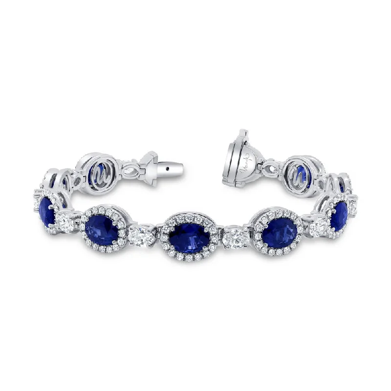 women's office wear necklace-Uneek Precious Collection Halo Oval Shaped Blue Sapphire Link Bracelet