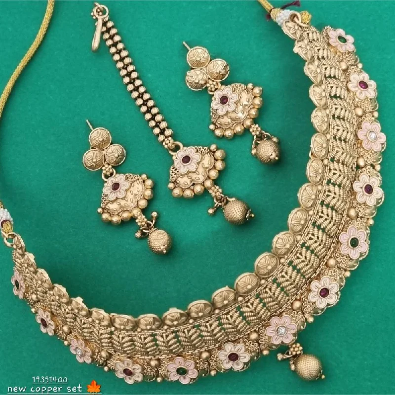 women's thick chain necklace-Lucentarts Jewellery Gold Plated Pota Stone And Meenakari Necklace Set