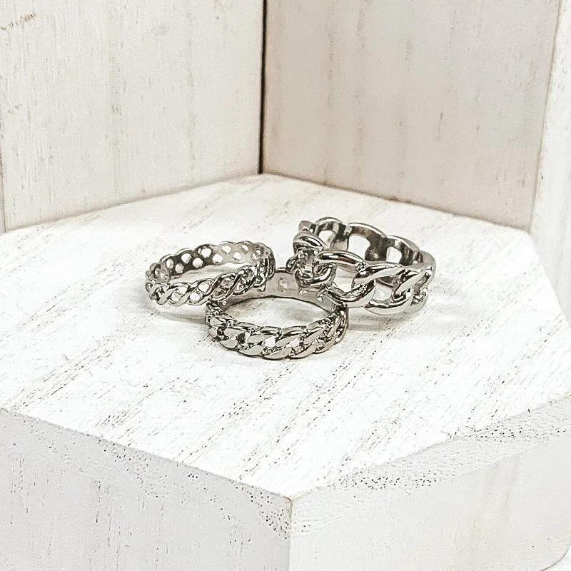 women's radiant cut ring-Set of 3 | Multi Chain Ring Set in Silver Tone