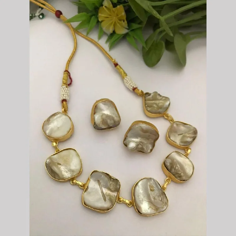 women's luxury necklace-FS Collection Gold Plated Mother Of Pearl Necklace Set