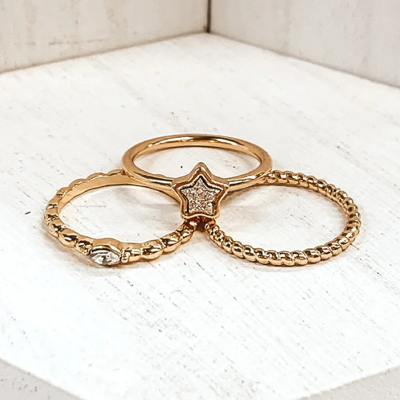 women's custom ring-Set of 3 | Druzy Star Ring Set in Gold Tone